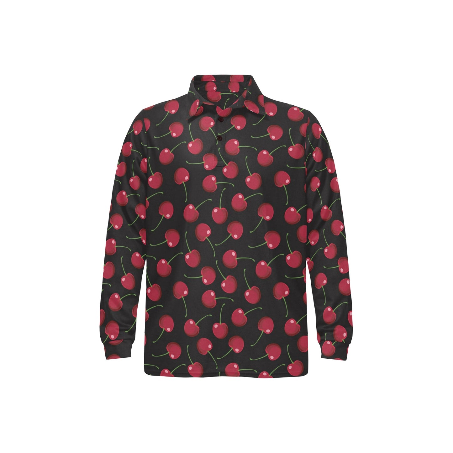 Cherry Black Background Long Sleeve Polo Shirt For Men's