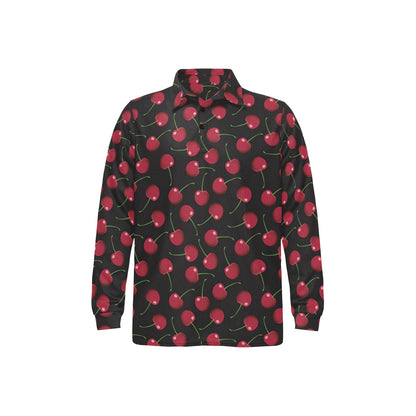 Cherry Black Background Long Sleeve Polo Shirt For Men's