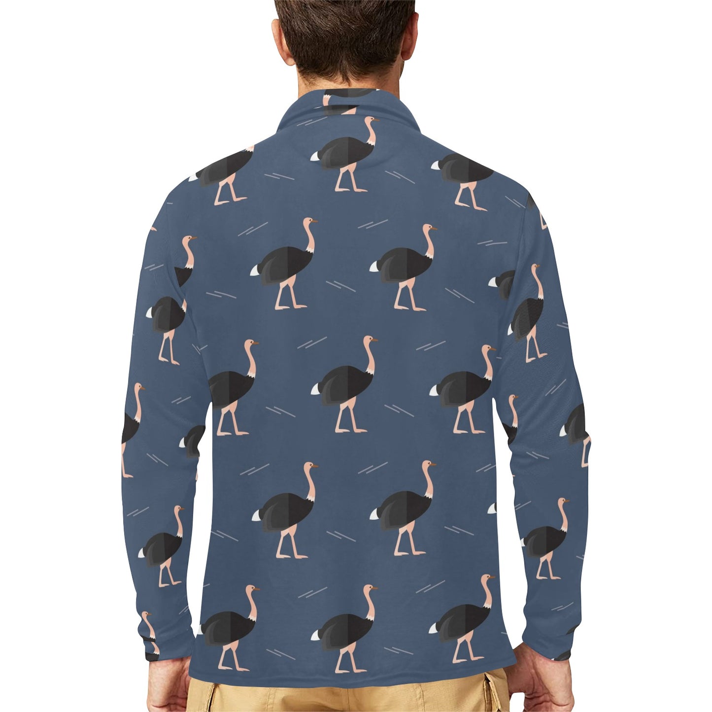 Ostrich Pattern Print Design 04 Long Sleeve Polo Shirt For Men's