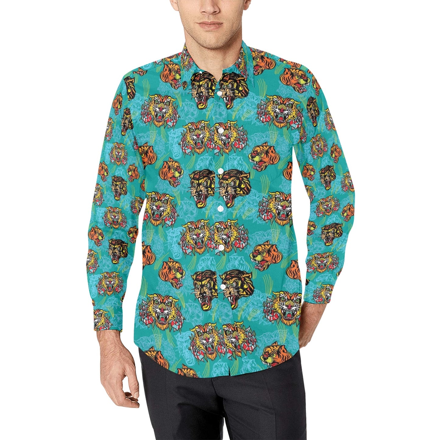 Tattoo Tiger Head Print Design LKS304 Men's Long Sleeve Dress Shirt