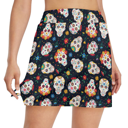 Sugar Skull Print Design LKS305 17" Golf & Pickleball Skort with Pockets