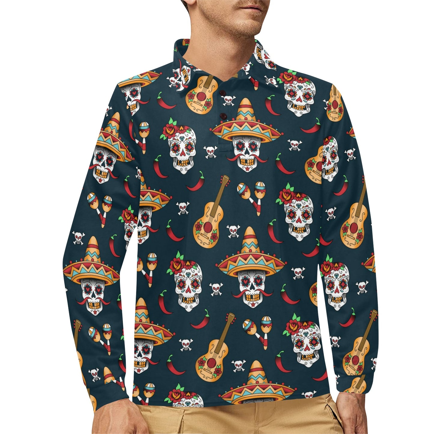 sugar skull Mexican Long Sleeve Polo Shirt For Men's