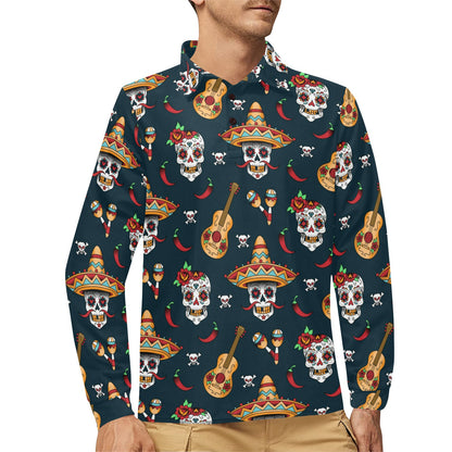 sugar skull Mexican Long Sleeve Polo Shirt For Men's