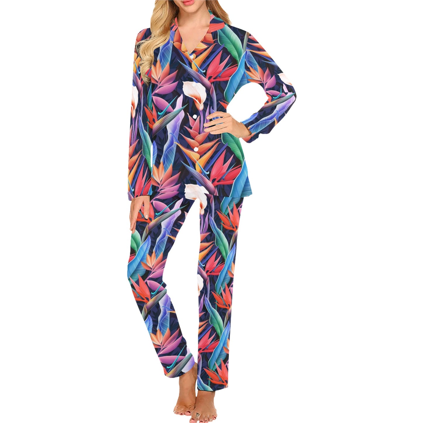 Tropical Flower Pattern Print Design TF023 Women's Long Pajama Set