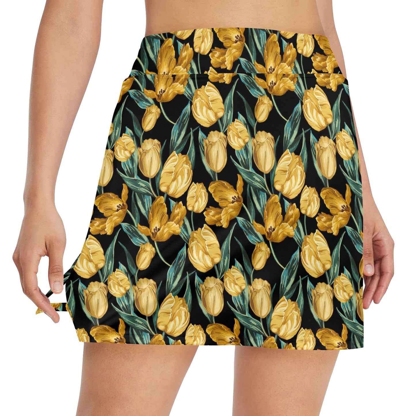 Elegant Yellow Tulip Print 17" Golf & Pickleball Skort with Pockets