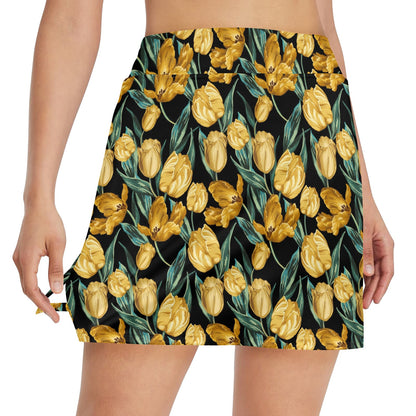 Elegant Yellow Tulip Print 17" Golf & Pickleball Skort with Pockets