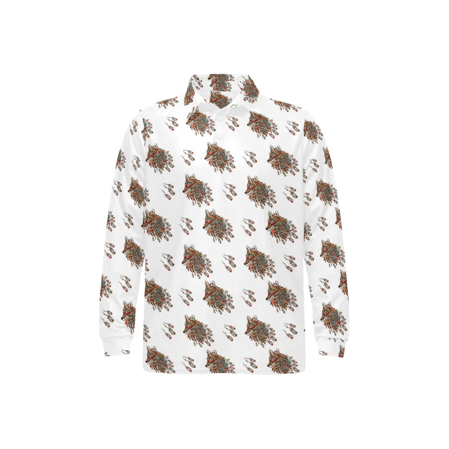 Aztec Wolf Pattern Print Design 02 Long Sleeve Polo Shirt For Men's