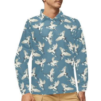 Crane Pattern Print Design 02 Long Sleeve Polo Shirt For Men's