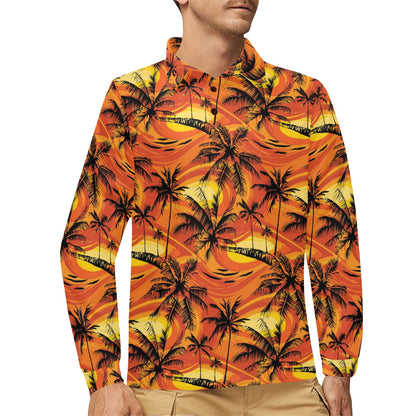 Palm Tree Pattern Print Design A02 Long Sleeve Polo Shirt For Men's