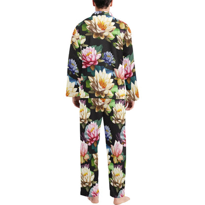 Water Lily Pattern Print Design WL02 Men's Long Pajama Set