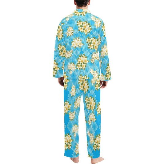 Yellow Plumeria Design Print Pattern Men's Long Pajama Set