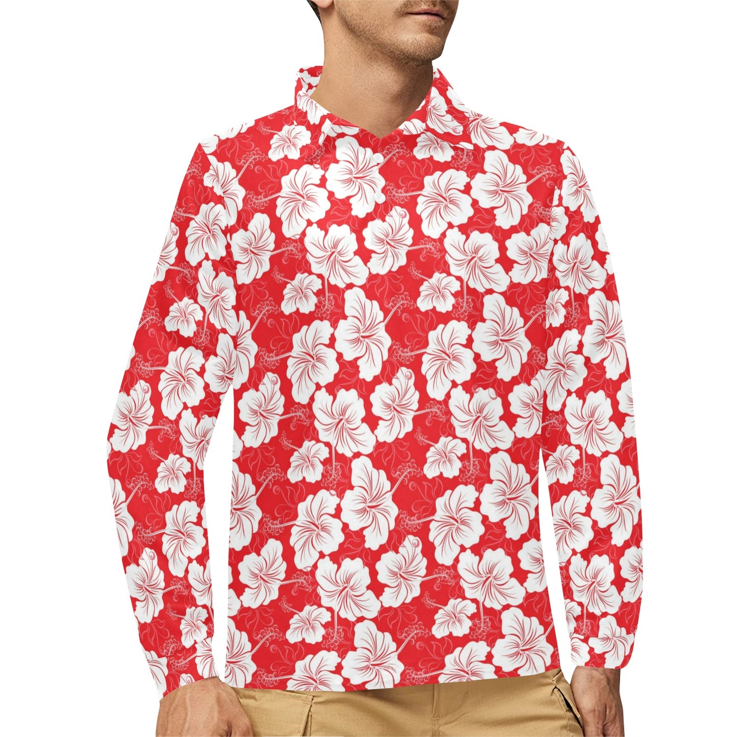 Flower Hawaiian Hibiscus Red Background Print Long Sleeve Polo Shirt For Men's