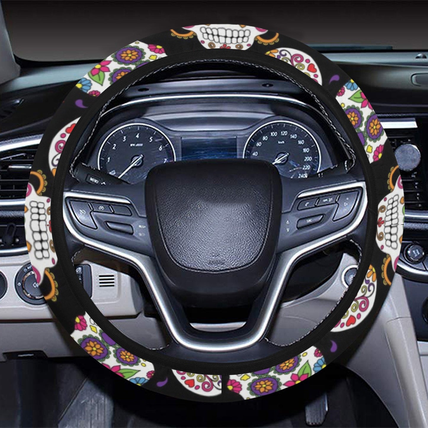 Sugar Skull Print Design LKS302 Steering Wheel Cover with Elastic Edge