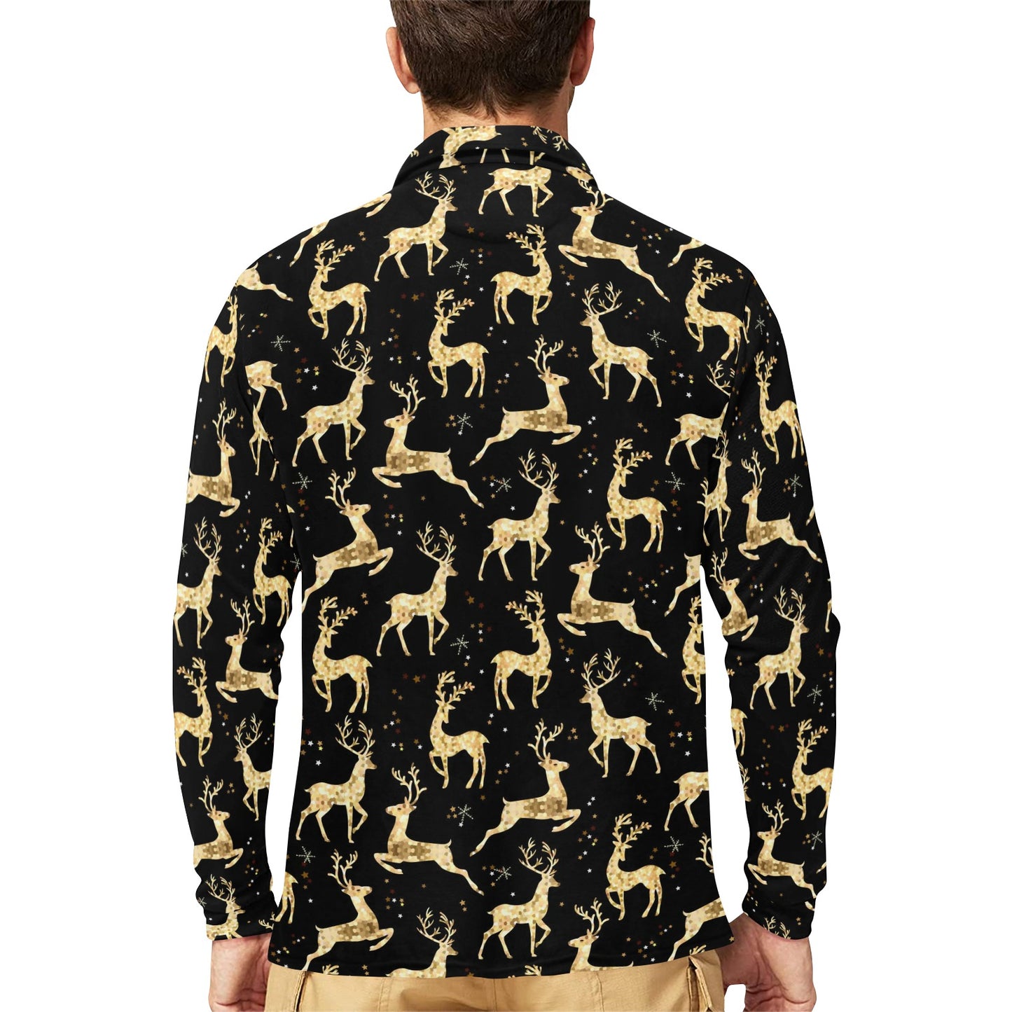 Deer Gold Pattern Long Sleeve Polo Shirt For Men's