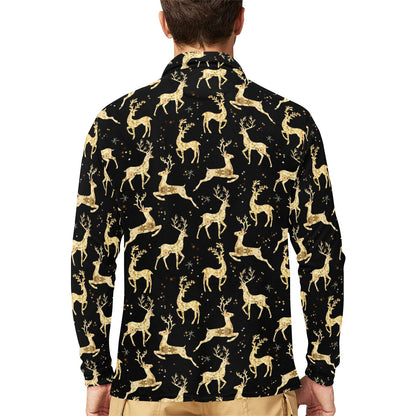 Deer Gold Pattern Long Sleeve Polo Shirt For Men's