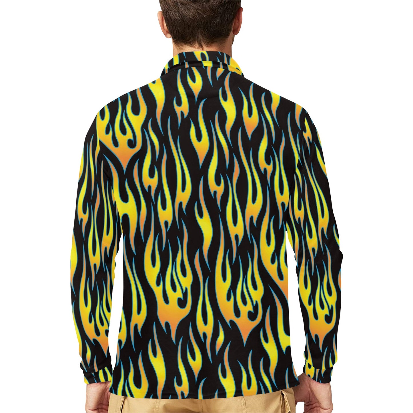 Flame Fire Yellow Pattern Long Sleeve Polo Shirt For Men's