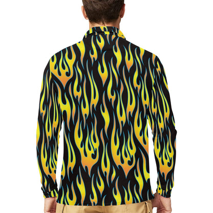 Flame Fire Yellow Pattern Long Sleeve Polo Shirt For Men's