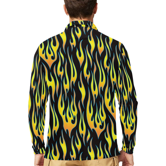 Flame Fire Yellow Pattern Long Sleeve Polo Shirt For Men's