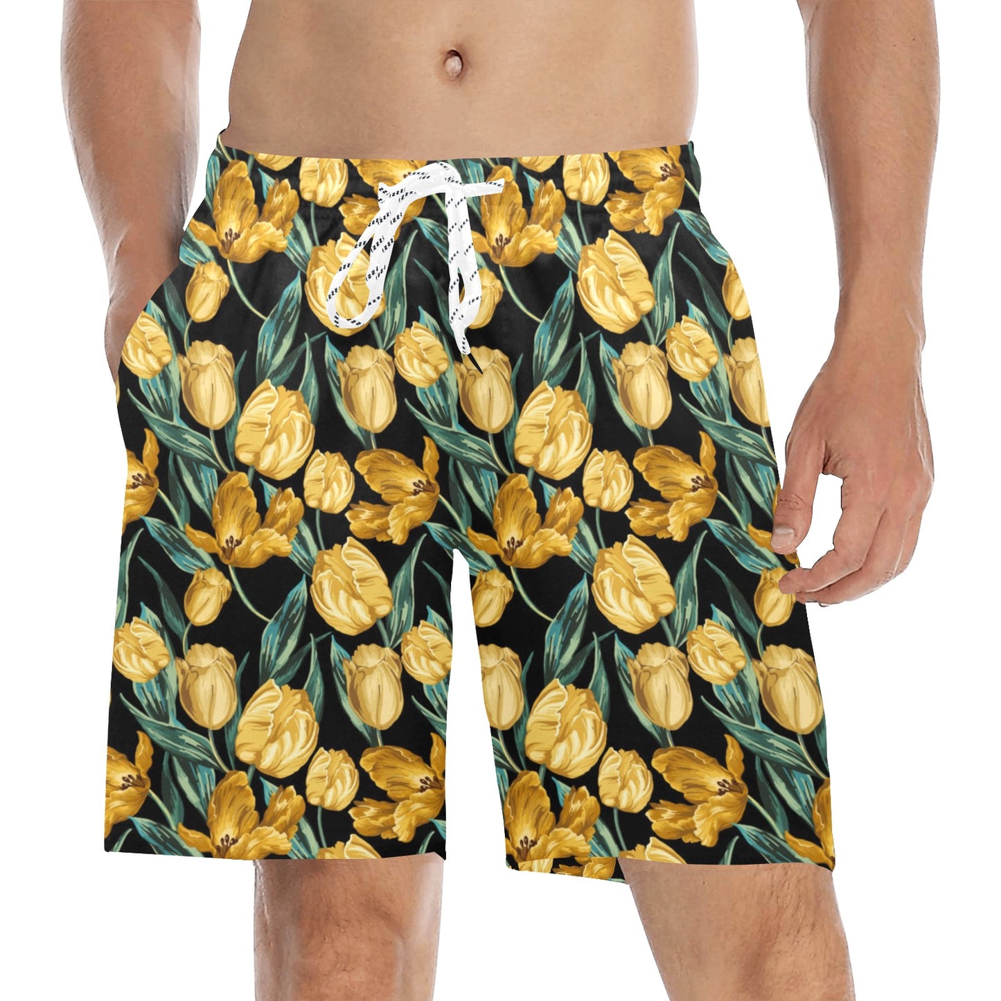 Elegant Yellow Tulip Print Men's Swim Trunks Beach Shorts