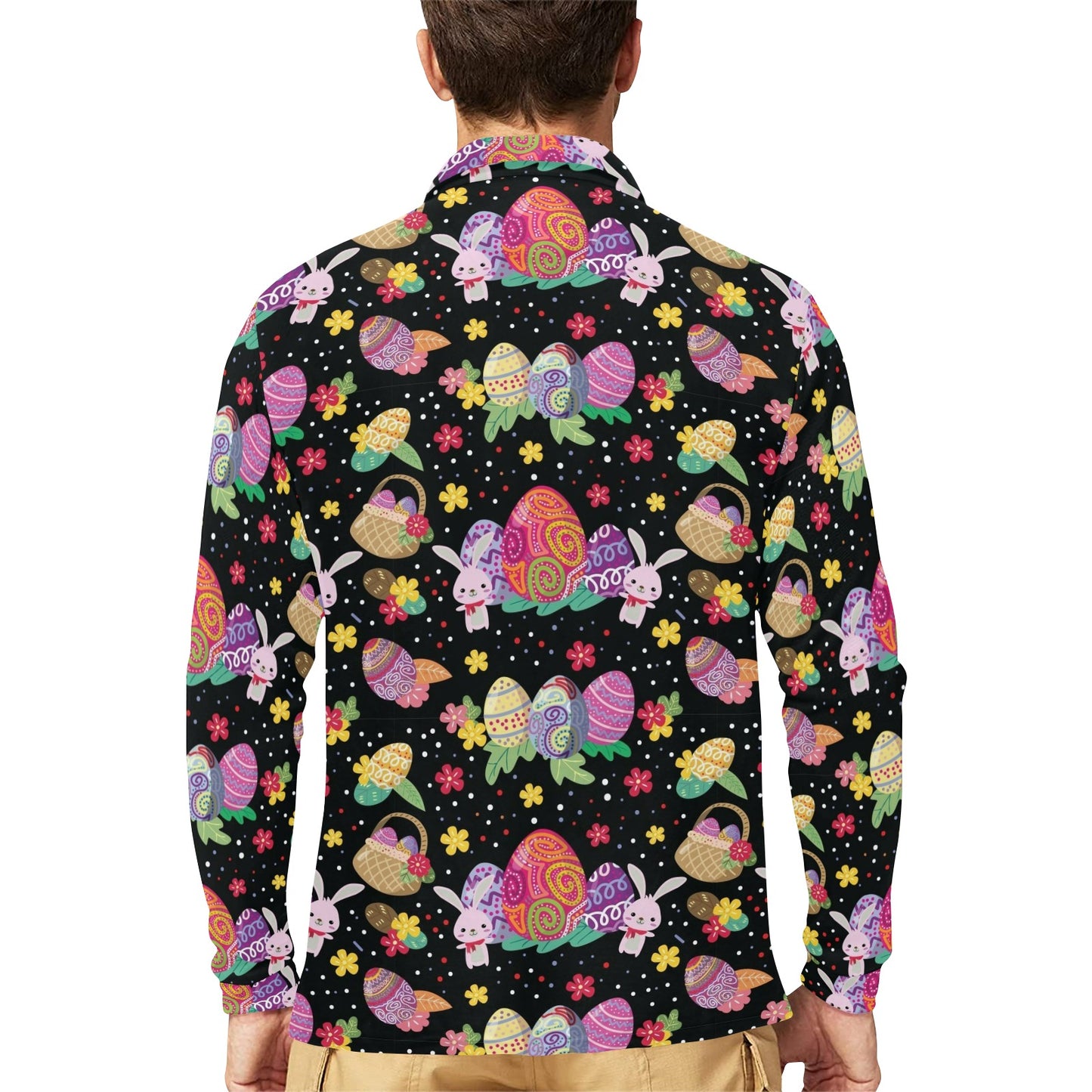 Easter Eggs Pattern Print Design RB06 Long Sleeve Polo Shirt For Men's