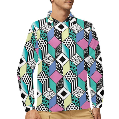 90s Pattern Print Design 3 Long Sleeve Polo Shirt For Men's