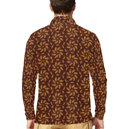 Agricultural Brown Wheat Print Pattern Long Sleeve Polo Shirt For Men's