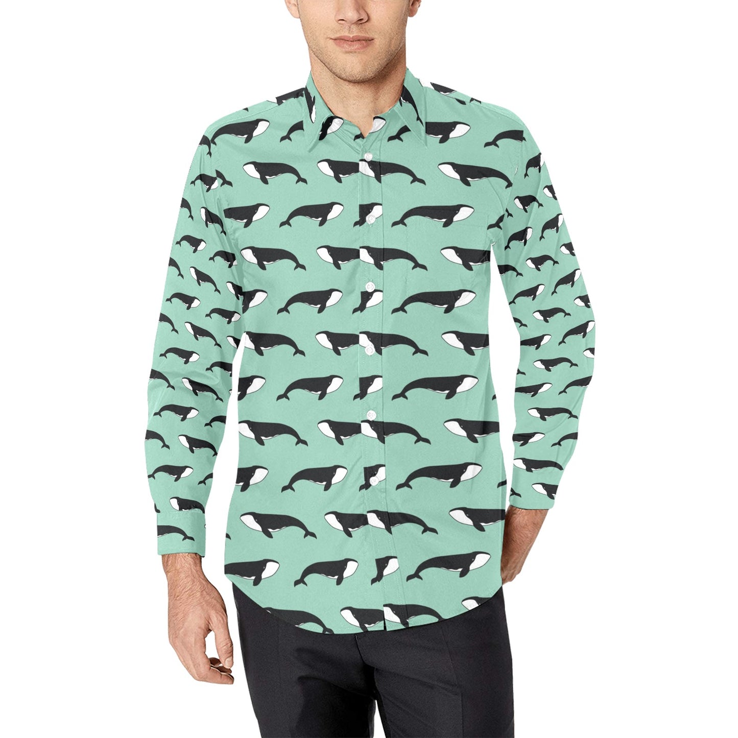 Whale Print Design LKS307 Men's Long Sleeve Dress Shirt