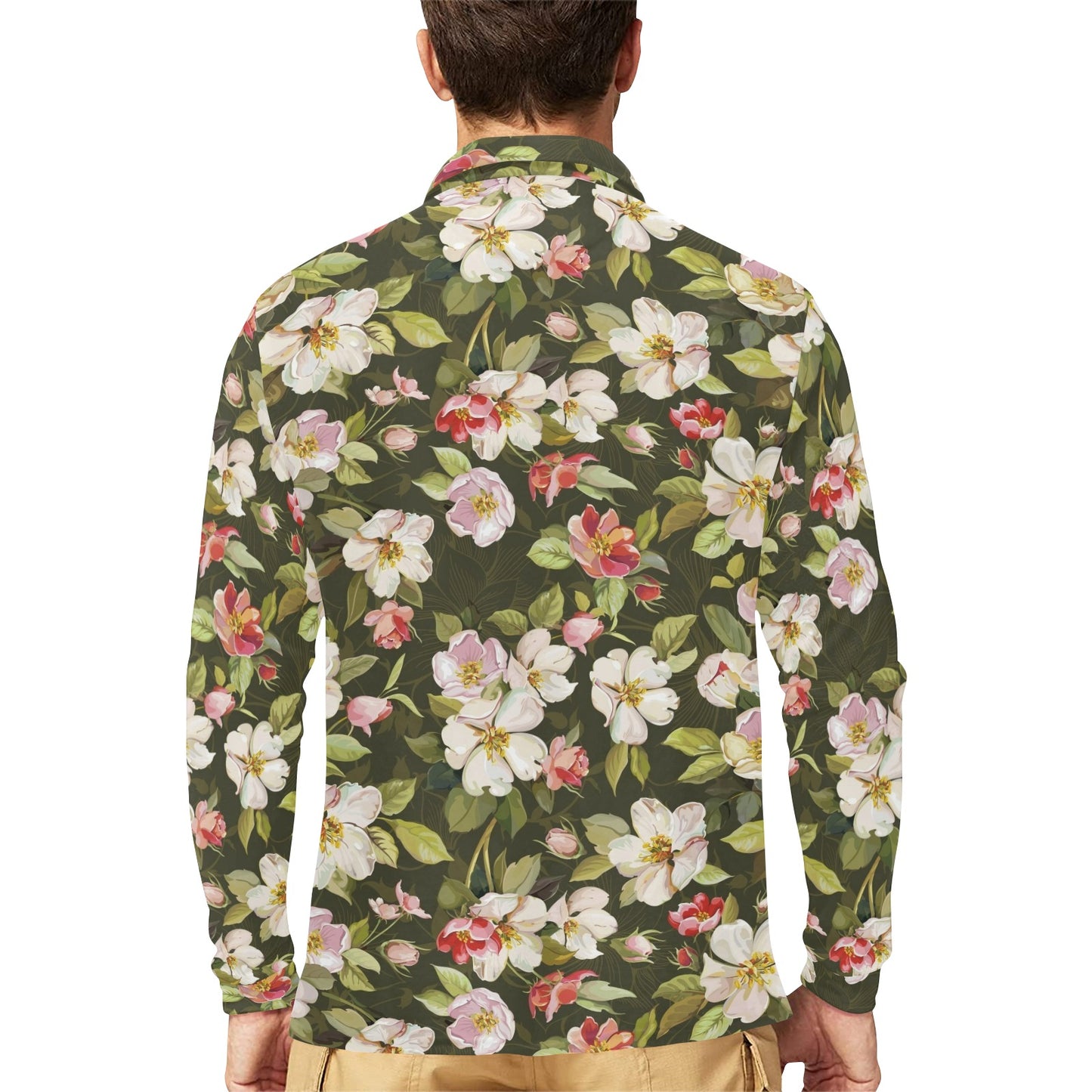 Apple blossom Pattern Print Design AB01 Long Sleeve Polo Shirt For Men's