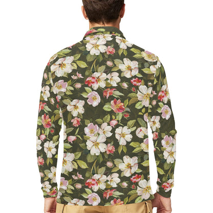 Apple blossom Pattern Print Design AB01 Long Sleeve Polo Shirt For Men's