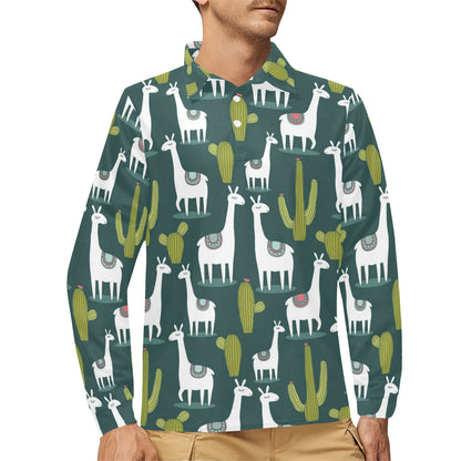 Llama Cactus Pattern Print Design 02 Long Sleeve Polo Shirt For Men's