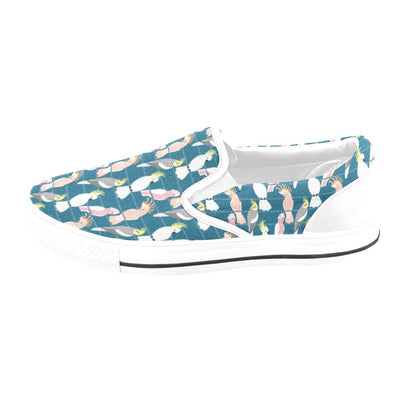 Cockatoo Print Design LKS401 White Slip Ons Canvas Women's Shoes