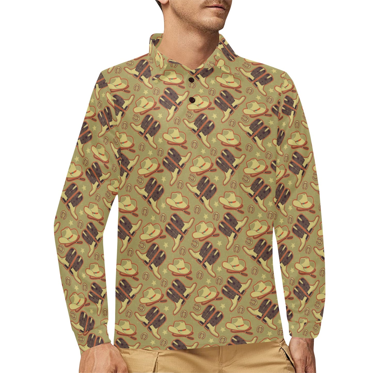 Western Cowboy Themed Long Sleeve Polo Shirt For Men's