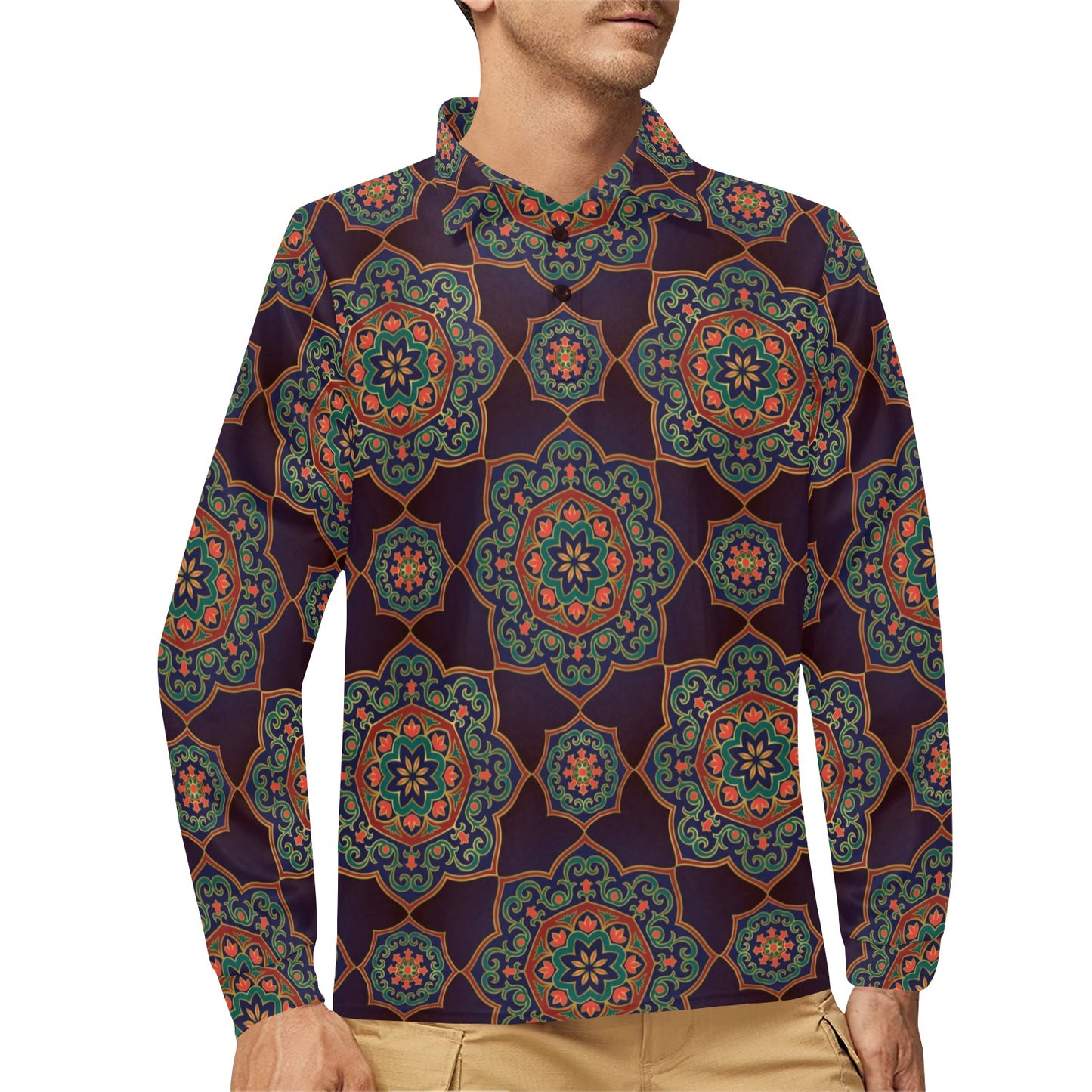 Medallion Pattern Print Design 03 Long Sleeve Polo Shirt For Men's