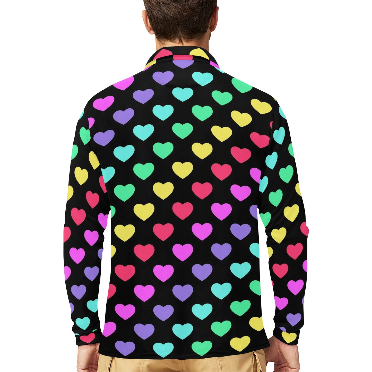 Heart Rainbow Pattern Print Design HE02 Long Sleeve Polo Shirt For Men's