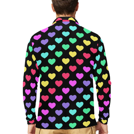 Heart Rainbow Pattern Print Design HE02 Long Sleeve Polo Shirt For Men's