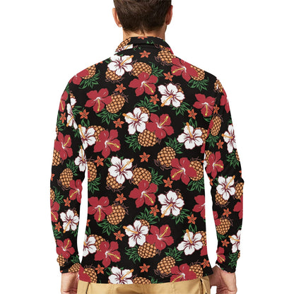 Hawaiian Themed Pattern Print Design H013 Long Sleeve Polo Shirt For Men's