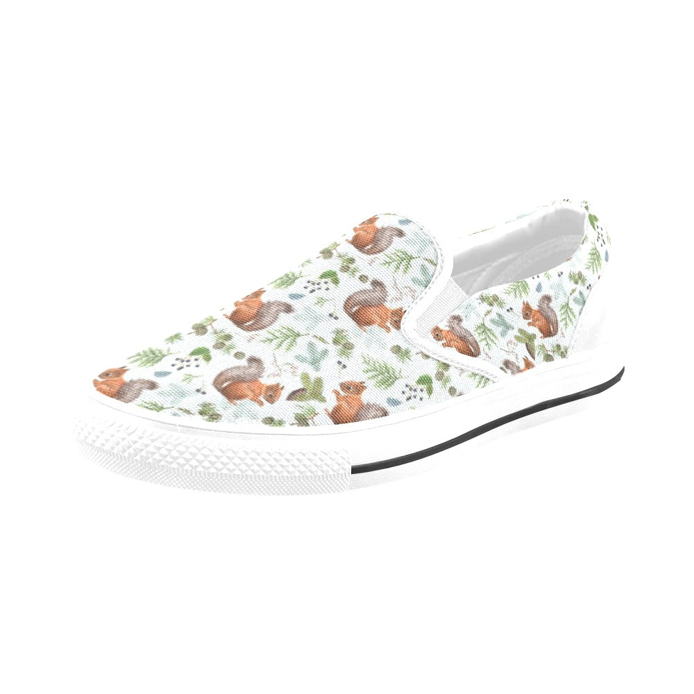 Squirrel Print Design LKS308 White Slip Ons Canvas Women's Shoes
