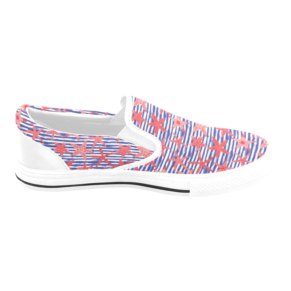 Starfish Print Design LKS401 White Slip Ons Canvas Women's Shoes
