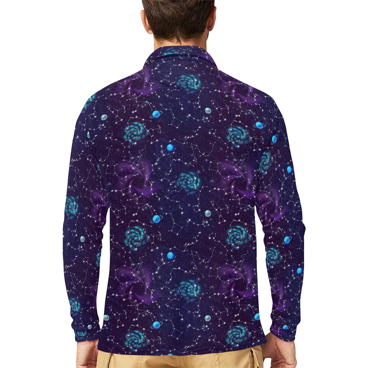 Zodiac Galaxy Design Print Long Sleeve Polo Shirt For Men's