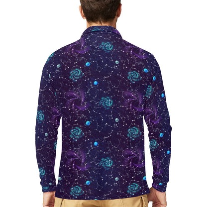 Zodiac Galaxy Design Print Long Sleeve Polo Shirt For Men's