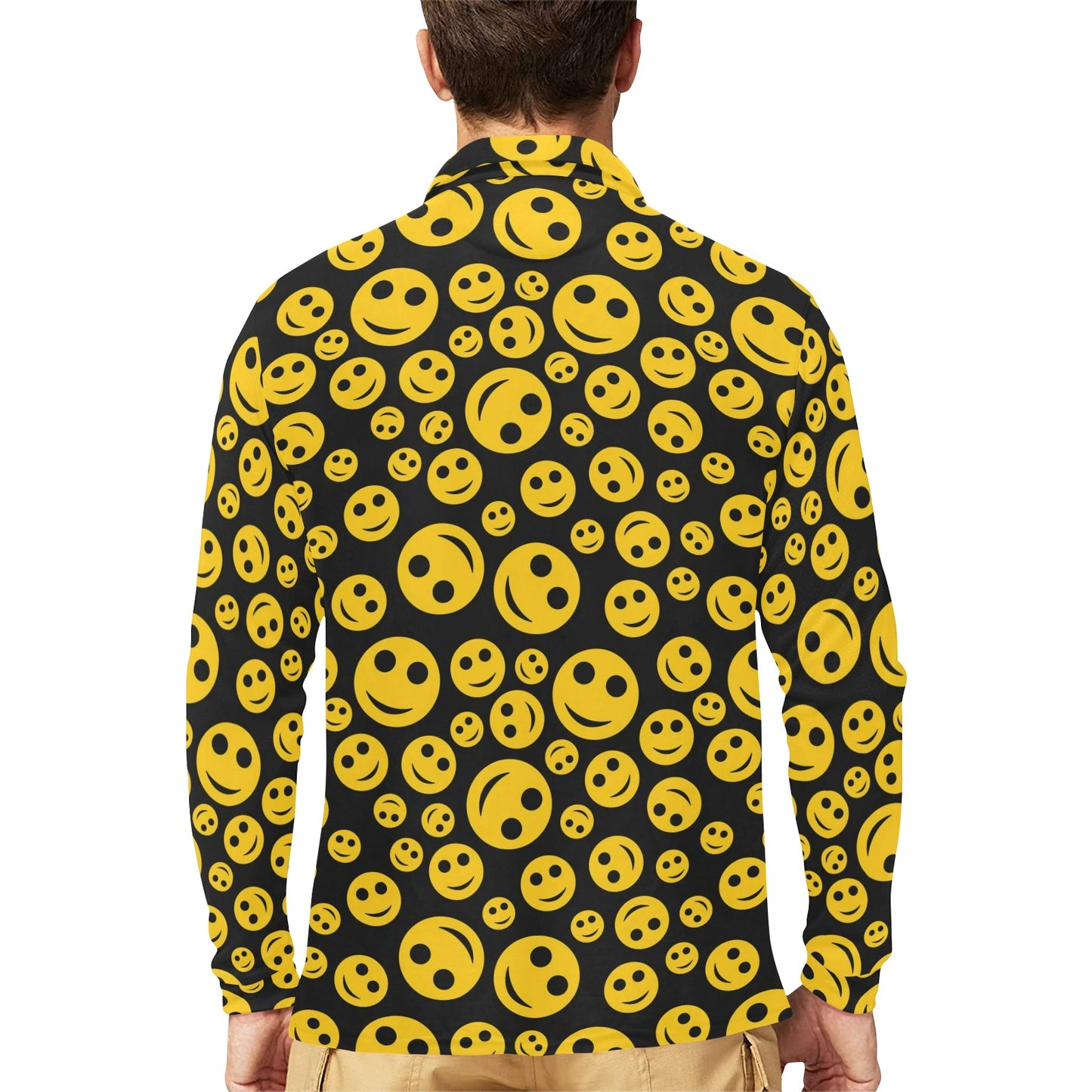 Smiley Face Emoji Print Design LKS304 Long Sleeve Polo Shirt For Men's