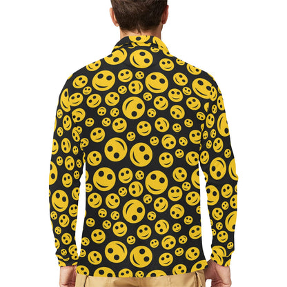 Smiley Face Emoji Print Design LKS304 Long Sleeve Polo Shirt For Men's