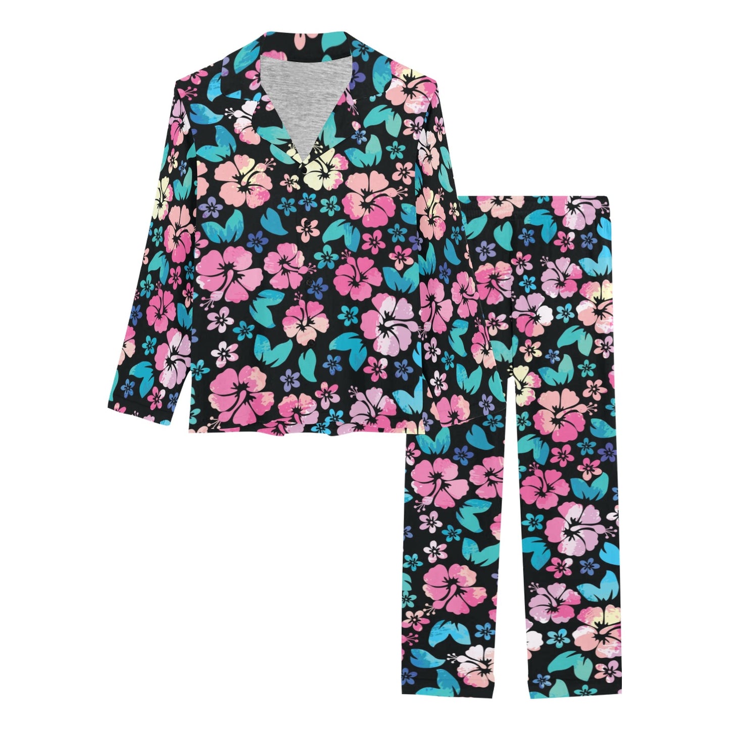 Pink Hibiscus Hawaiian Flower Women's Long Pajama Set