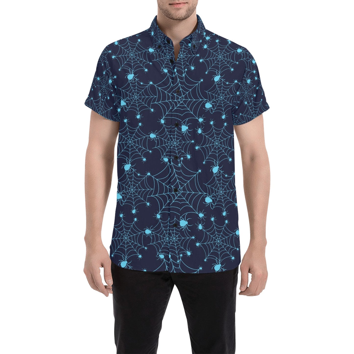 Spider Web Blue Print Design LKS304 Men Short Sleeve Button Up Shirt