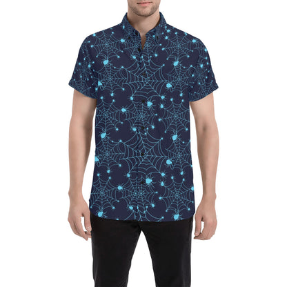 Spider Web Blue Print Design LKS304 Men Short Sleeve Button Up Shirt