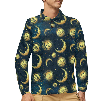 Gold Sun Moon Face Long Sleeve Polo Shirt For Men's
