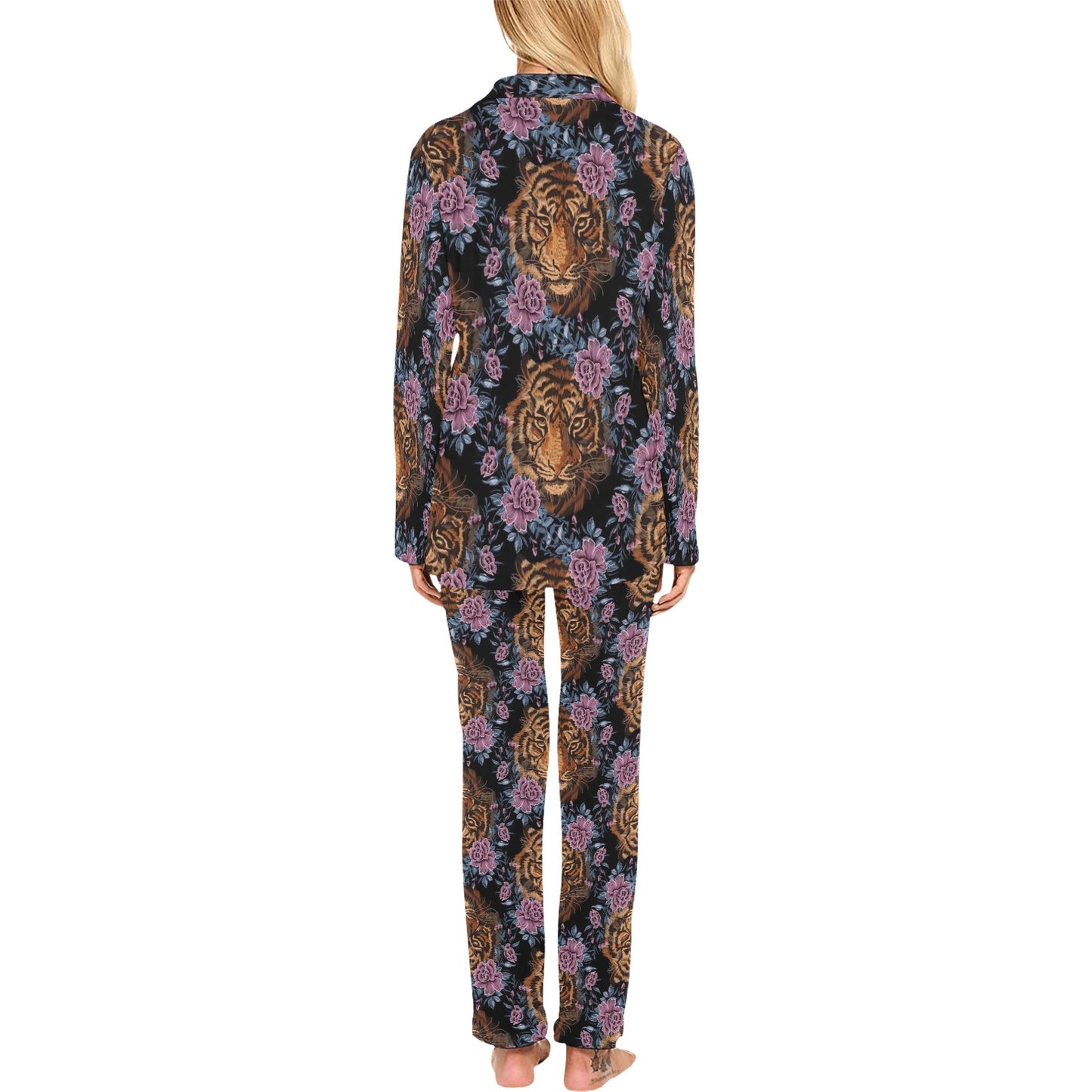 Tiger Head Floral Women's Long Pajama Set
