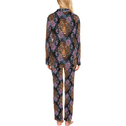 Tiger Head Floral Women's Long Pajama Set