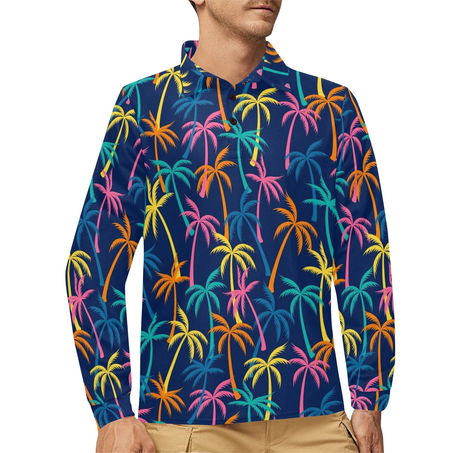 Palm Tree Pattern Print Design PT013 Long Sleeve Polo Shirt For Men's