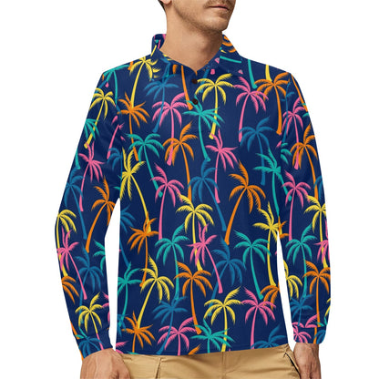 Palm Tree Pattern Print Design PT013 Long Sleeve Polo Shirt For Men's